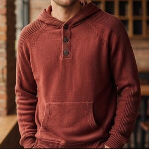 Flag & Anthem Men's Rust Red Knit Hooded Sweater Henley Cotton Pocket SMALL